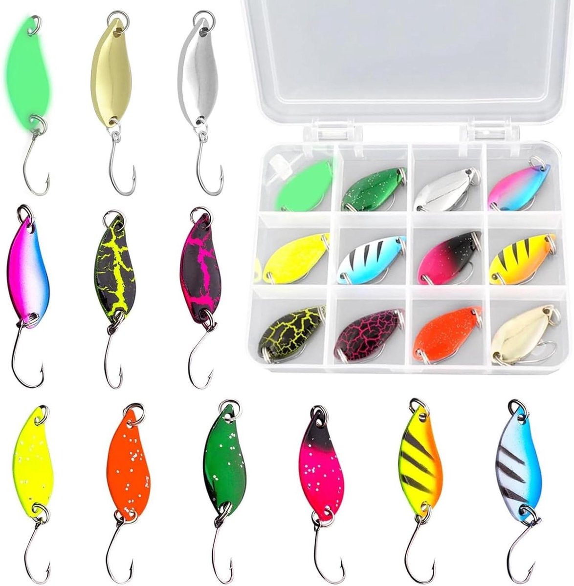 Allecto Plus - Forel Vissen Set 12 stuks 5g met Lepelaas in Doos - Forelknipperlichter en Paillettenaas voor Vissen op Snoek, Snoekbaars en Baars