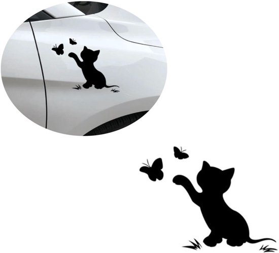 Autocollant de chat noir avec des papillons, sur fond blanc.