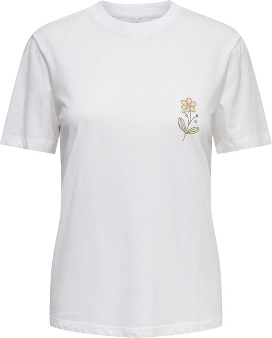 Wit t-shirt met een kleine geborduurde bloem op de linkerborst.