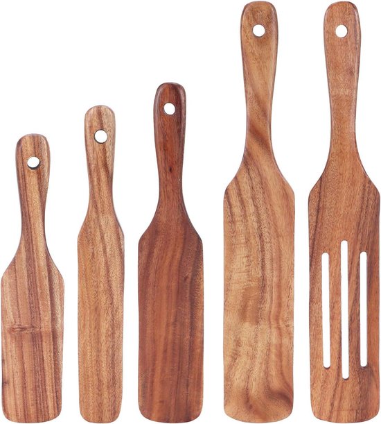 Foto: Allecto plus houten kookgerei 5 stuks voor koken en bakken met grote sleuven turner medium en kleine turner spatel