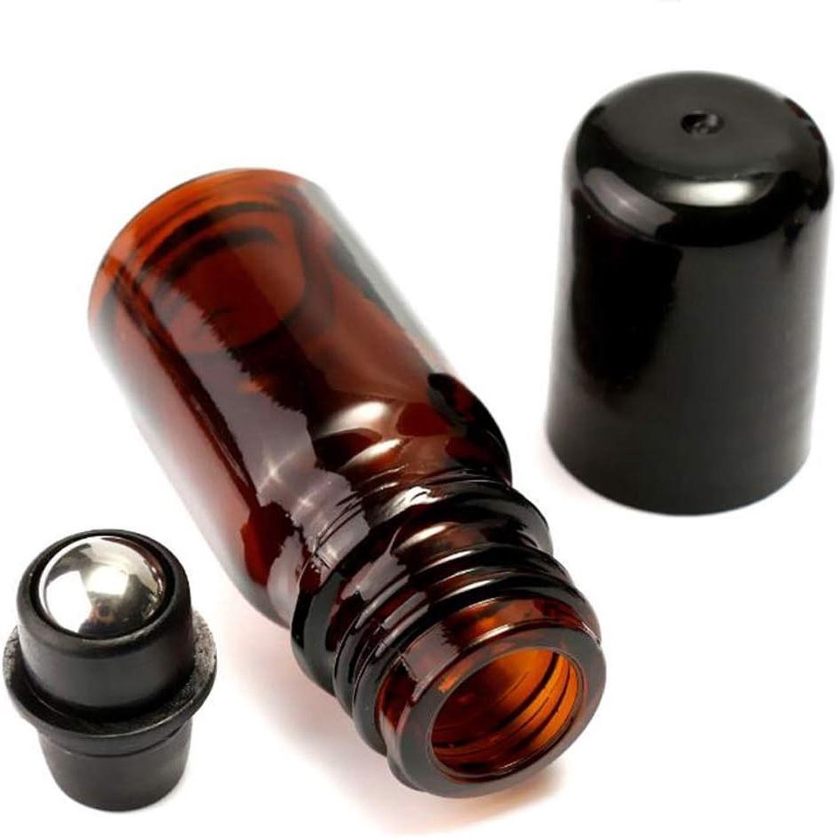 Image of 6 bruine glazen flessen - navulbaar met metalen kogel - voor etherische oliën en lippenstift - vloeistoffen en bloemenessences - set van 6 - 5 ml