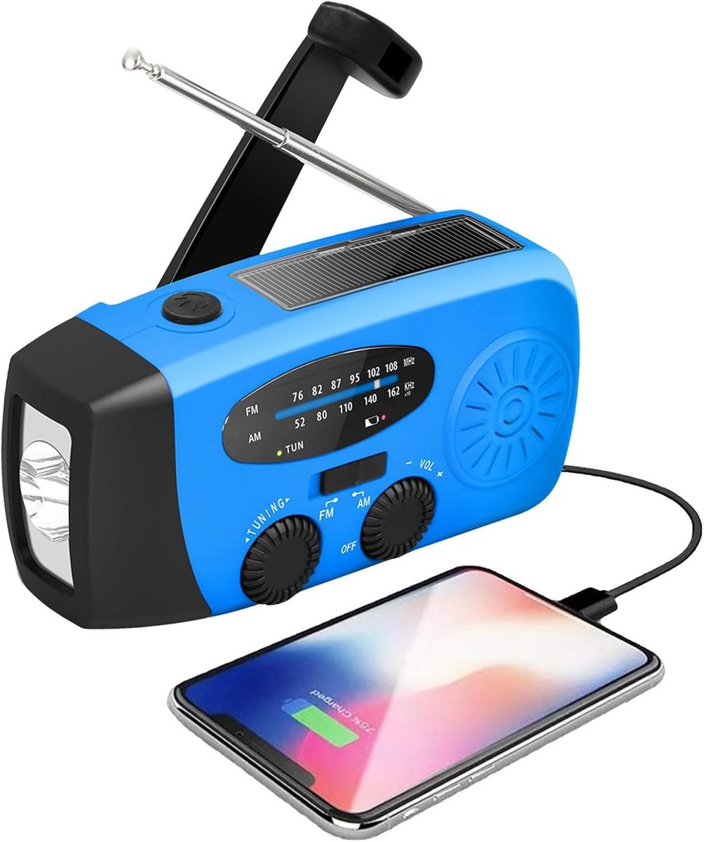 Noodradio - Noodradio Opwindbaar - 2000 mAh - Noodradio Solar Opwindbaar - Oplaadbaar & Op Batterijen - Powerbank - Solar - Zaklamp - Voor Rampen/Camping - Handmatige Crank - Blauw