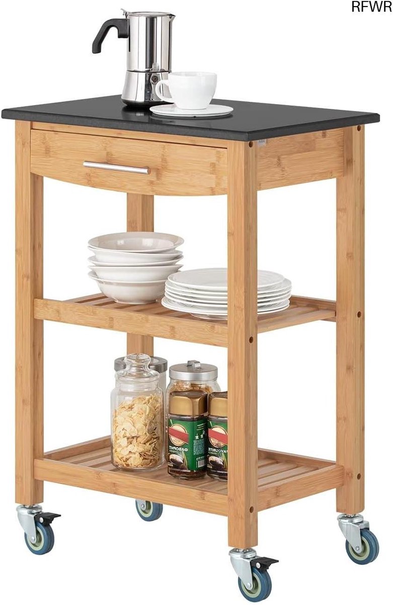 RFWR® Keukentrolley met Granieten Blad en Bamboe, Serveerwagen met Lade, 2 Opbergplanken en Wielen