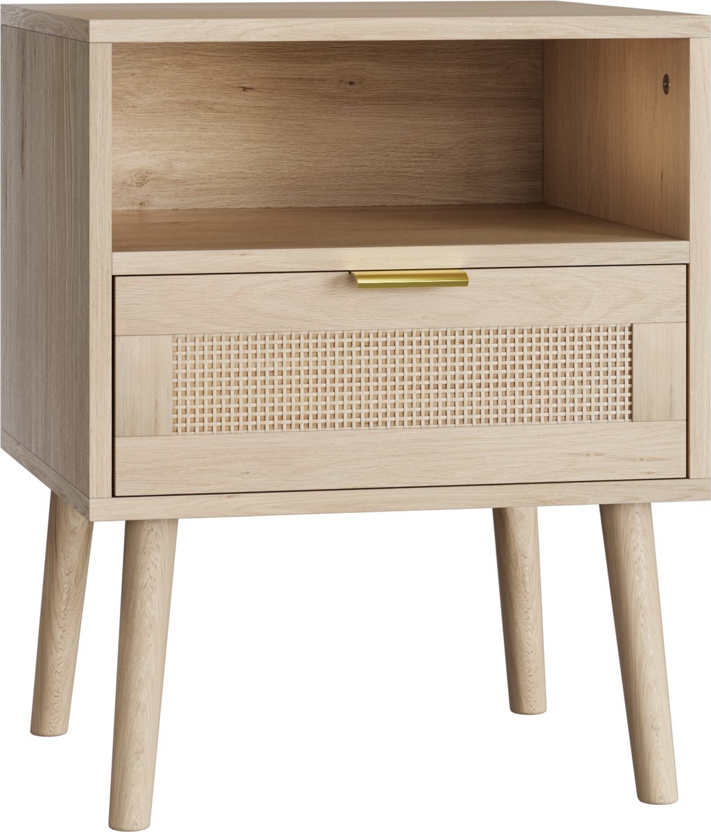 Merax Nachtkastje met Rattan Lade en Open Vak – Bohemian Stijl – Hout – 45x40x55 cm – Naturel Eiken Bruin