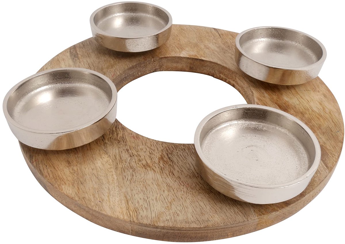 Adventskrans kaarsenhouder aluminium mangohout zilver metaal diameter 27 cm kerst
