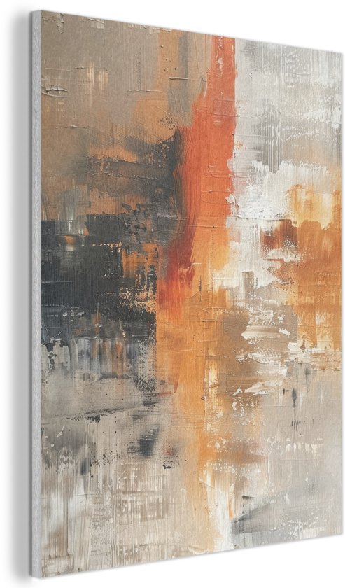 Abstract schilderij met oranje, bruine en grijze texturen.