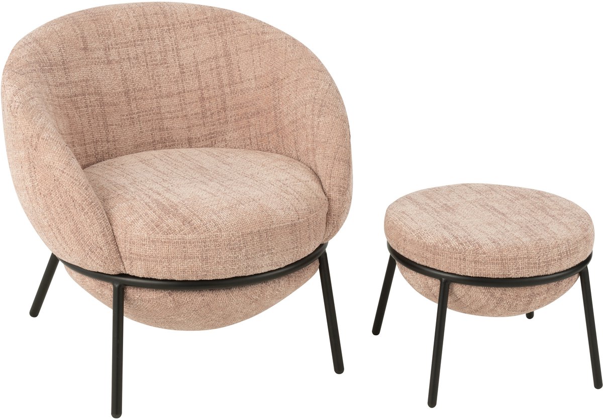 J-Line loungestoel + poef - ijzer - roze/zwart Roze - Zwart