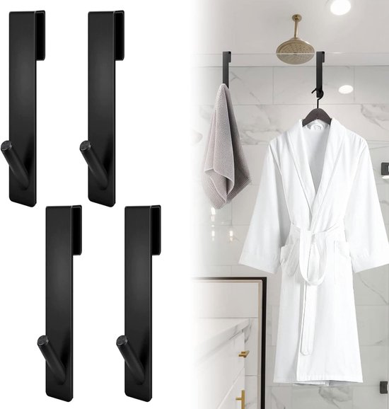 Crochets de porte de salle de bain - Set de 4 - 16,5 × 2,5 cm - Crochet porte-serviettes en acier inoxydable - Crochet mural de douche en Verres - Accessoires de salle de bain - Pour salle de bain, cuisine, armoire intérieure et extérieure - Zwart