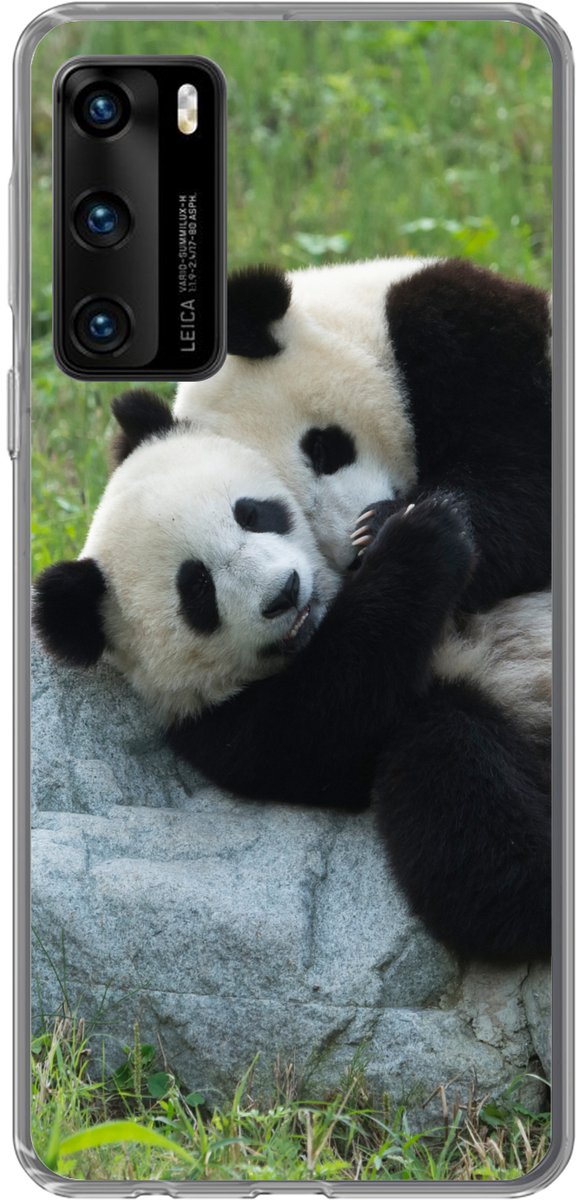 Telefoonhoesje Geschikt voor Huawei P40 hoesje - Pandas - Gras - Steen - Siliconen Telefoonhoesje Telefoonhoesje