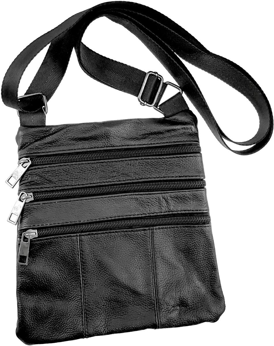 Schoudertas met 4 Compartimenten, Platte Crossbodytas Unisex, Zwart, 100% Echt Leer - Compact & Praktisch