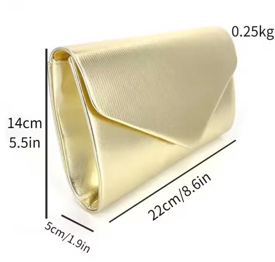 Gouden dames clutch met afmetingen 22cm x 14cm x 5cm, gewicht 0.25kg.