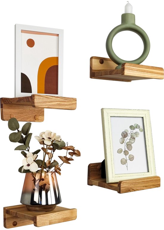 Wandplank, houten zwevende plank, U-vormige wandplank set van 3, rustieke hangplank