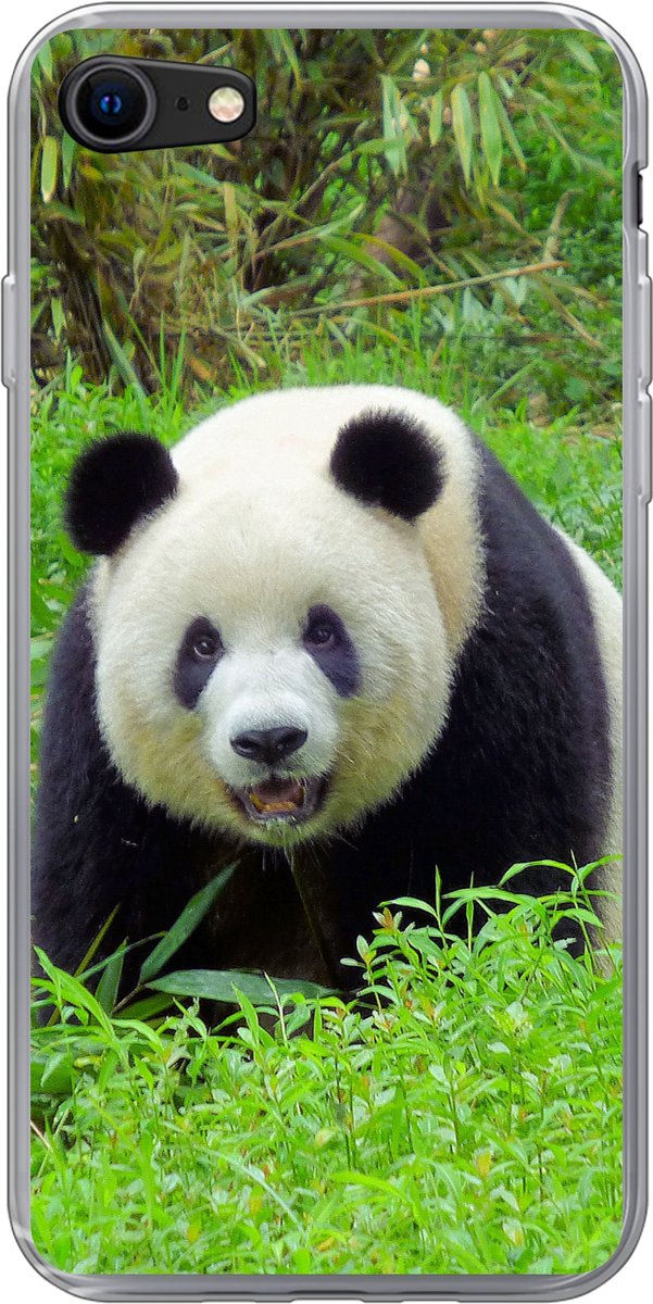 Telefoonhoesje Geschikt voor iPhone SE 2022 hoesje - Panda - Gras - Dier - Siliconen Telefoonhoesje Telefoonhoesje