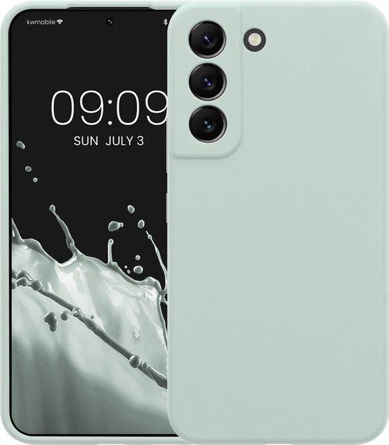 Lichtgroene TPU telefoonhoes met siliconen coating voor Samsung S22. Drievoudige camera-uitsparing.