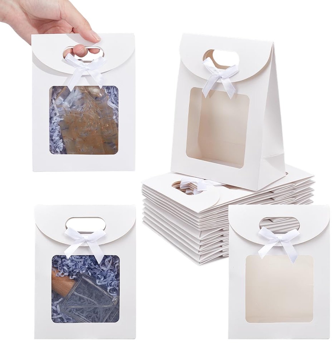 24 stuks witte venster cadeauzakjes, staand, met handvatten, klein strikzakje voor snoep en koekjes, verpakking bruiloft kerst winkel en detailhandel