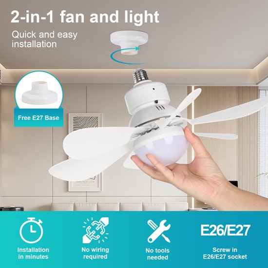Plafondlampen met Ventilator - 3 kleurtemperatuurverlichting - Doorsnede 52 cm Ventilator Lamp met Afstandsbediening - 40W Plafondventilator met Dimbare LED Lamp - 1/2/4 uur Tmerfunctie - Beschikbaar in Voor Slaapkamer, Woonkamer, Garage enz(Wit) van Rosnek — afbeelding 3