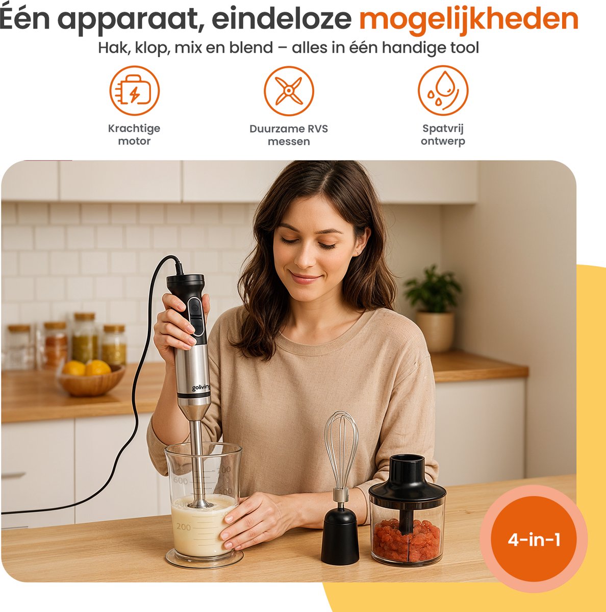 Goliving Staafmixer Set 4-in-1 - Hakmolen - Maatbeker - Garde - 1000W - Vaatwasserbestendige Accessoires - RVS - Zwart – foto 6
