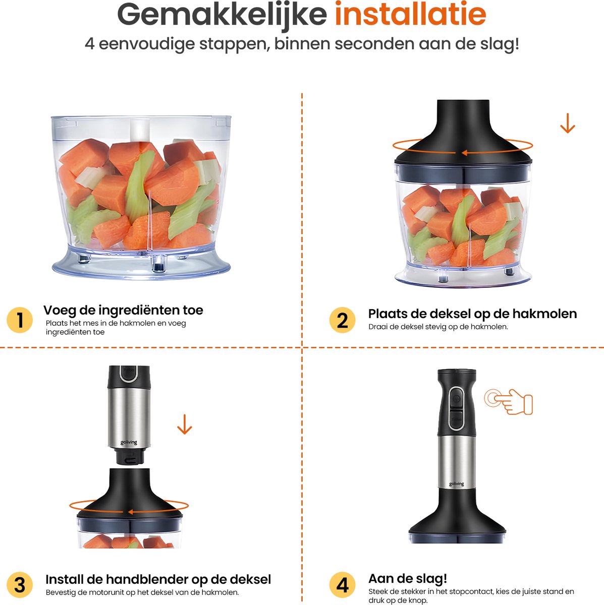 Goliving Staafmixer Set 4-in-1 - Hakmolen - Maatbeker - Garde - 1000W - Vaatwasserbestendige Accessoires - RVS - Zwart – foto 5