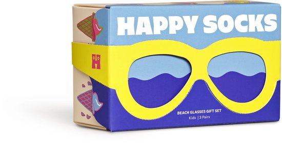 Doos van Happy Socks 'Beach Glasses Gift Set' met een print van gele brillen op een blauwe achtergrond.