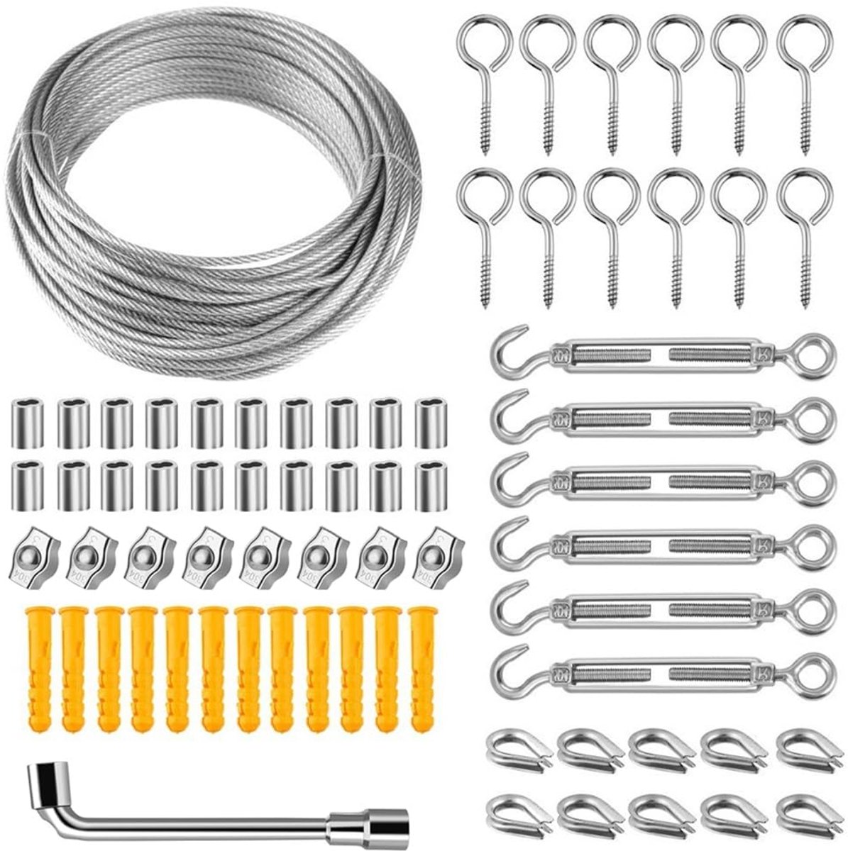 Ibenzoa® Complete Roestvrij Stalen Kabelset voor Binnen- en Buiteninstallaties van 20 Meter, Inclusief Accessoires voor Gemakkelijke Montage