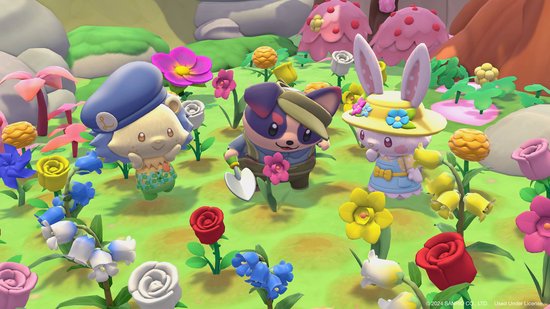 Sanrio-personages, waaronder een egel, een hondje en een konijn, poseren in een bloeiende tuin.