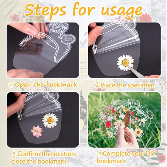 Signets transparents en Fleurs séchées - DIY - Marque - pages DIY- Fleurs séchées transparentes - Spécimens de plantes faits main - Artisanat - Cadeaux de rentrée - 20 bouteilles à souhaits + 50 fleurs séchées