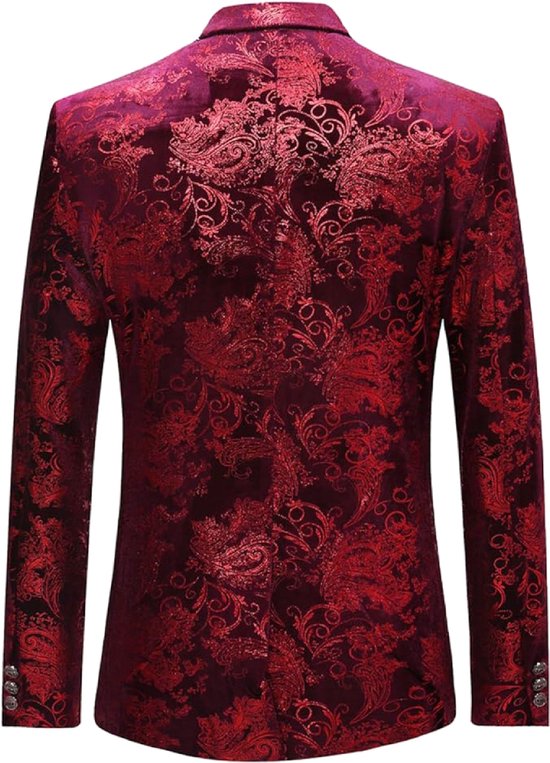 Achterkant van een bordeauxrode fluwelen blazer met bloemenpatroon, met knopen op de mouwen.