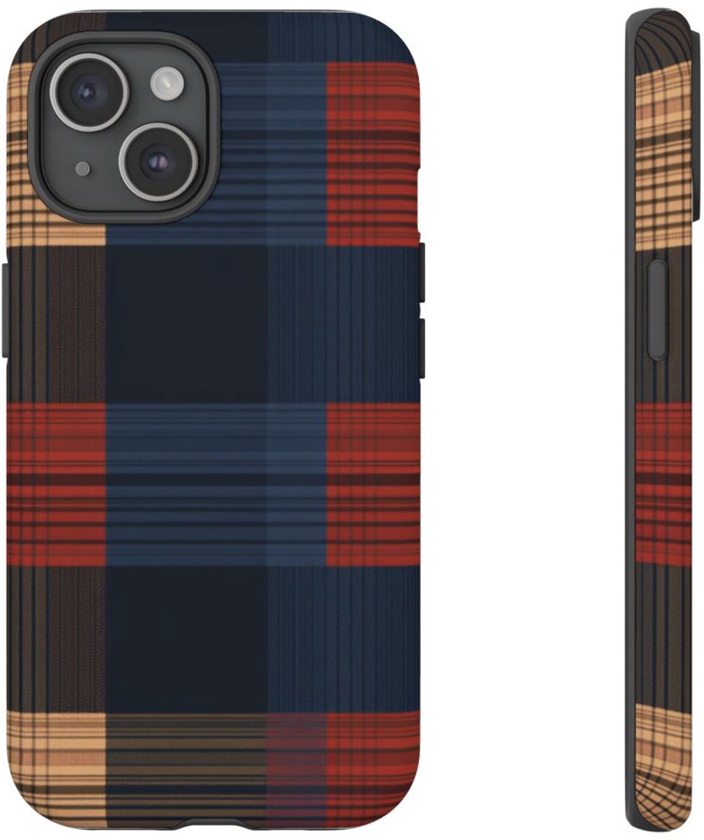 Caramel en Donkerblauw Geruit Patroon – Telefoonhoesje Geschikt voor iPhone 15