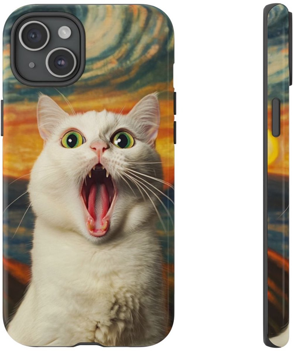 Verbaasde Witte Kat met Groene Ogen – Telefoonhoesje Geschikt voor iPhone 15 Plus