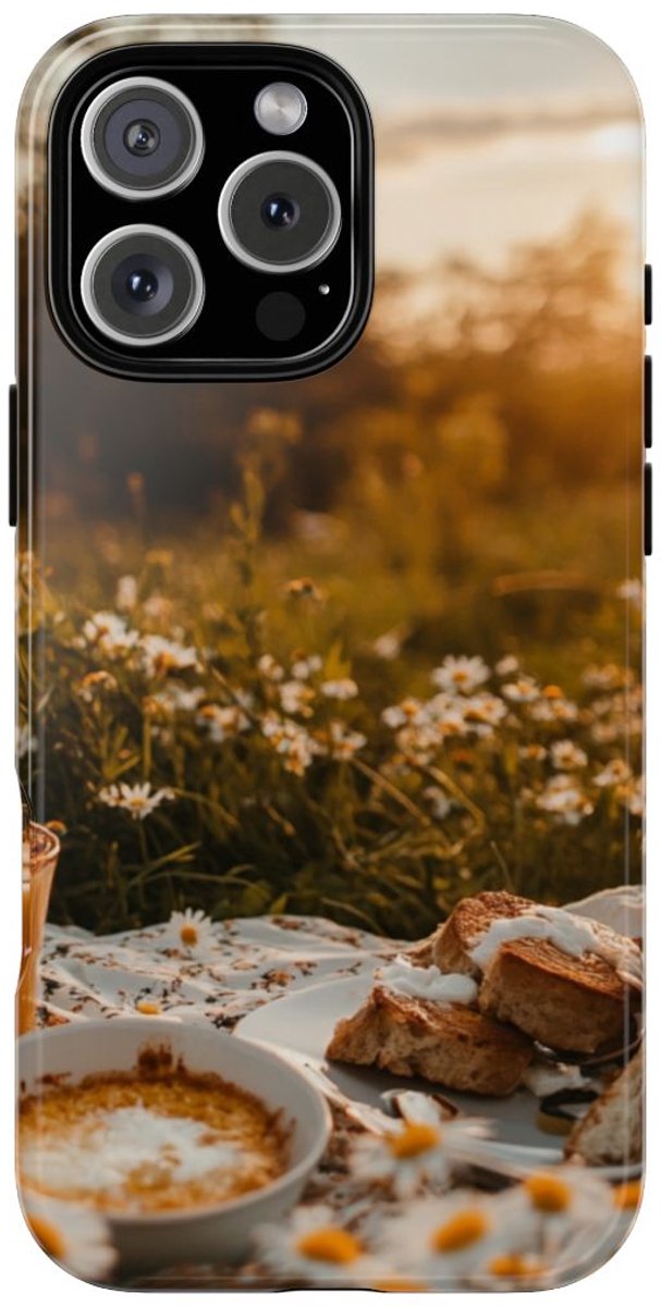 Zonnig Madeliefjesveld Ontbijtscène – Telefoonhoesje Geschikt voor iPhone 16 Pro Max