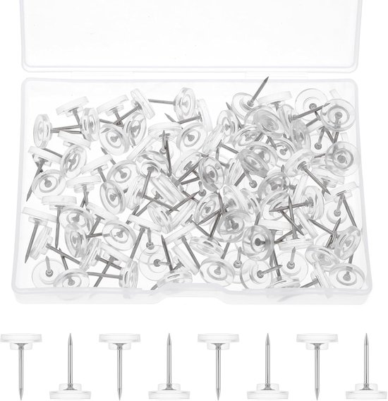 100 Punaises - Punaises de qualité supérieure - Push - Réutilisables - pour tableau d'affichage, tableau mémo ou carte du monde - Faciles à transporter - Diamètre 10,7 mm - Longueur 16 mm - Wit transparent