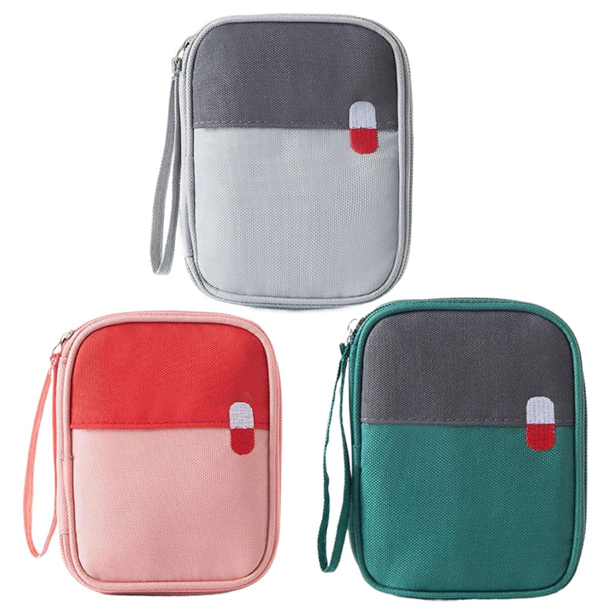 Mini EHBO Tas – 3 Stuks | Compact & Waterdicht | Grijs/Groen/Roze | Ideaal voor Reizen, Auto, Outdoor