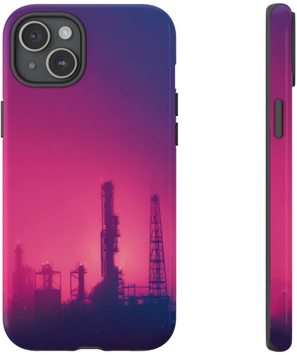 Industrieel Silhouet met Neon Gloed – Telefoonhoesje Geschikt voor iPhone 15 Plus