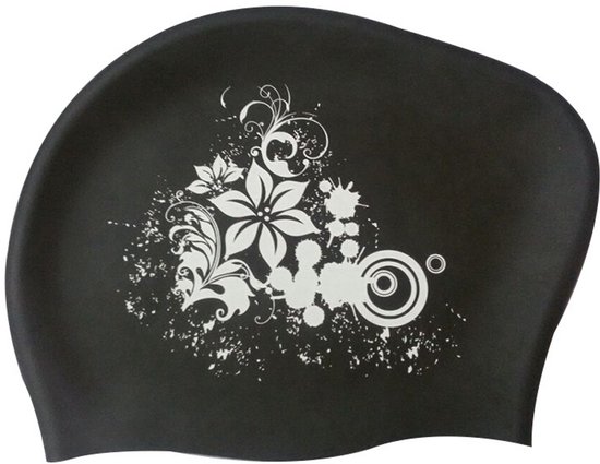 Zwarte badmuts met witte bloemen en spat-effect print.