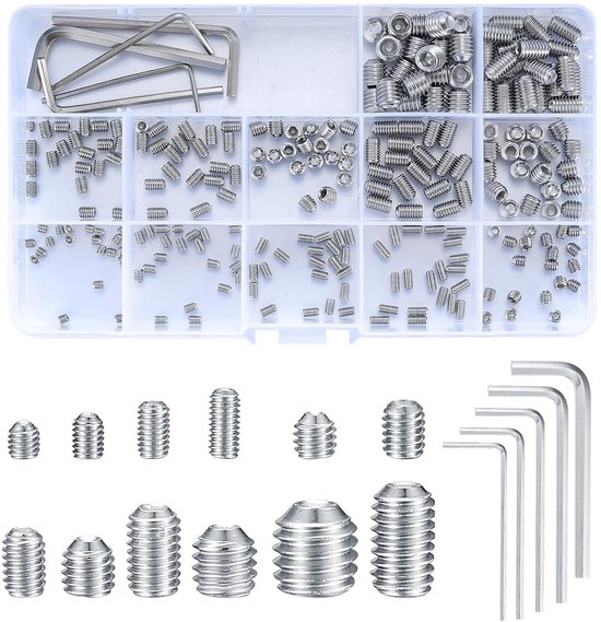 Assortiment de 240 vis sans tête (M3, M4, M5, M6, M8) avec clés Allen – Pointe coupelle métrique durable en acier inoxydable 304 pour accessoires de salle de bain, vis pour luminaires, poignées de porte, robinets, plomberie et plus encore.