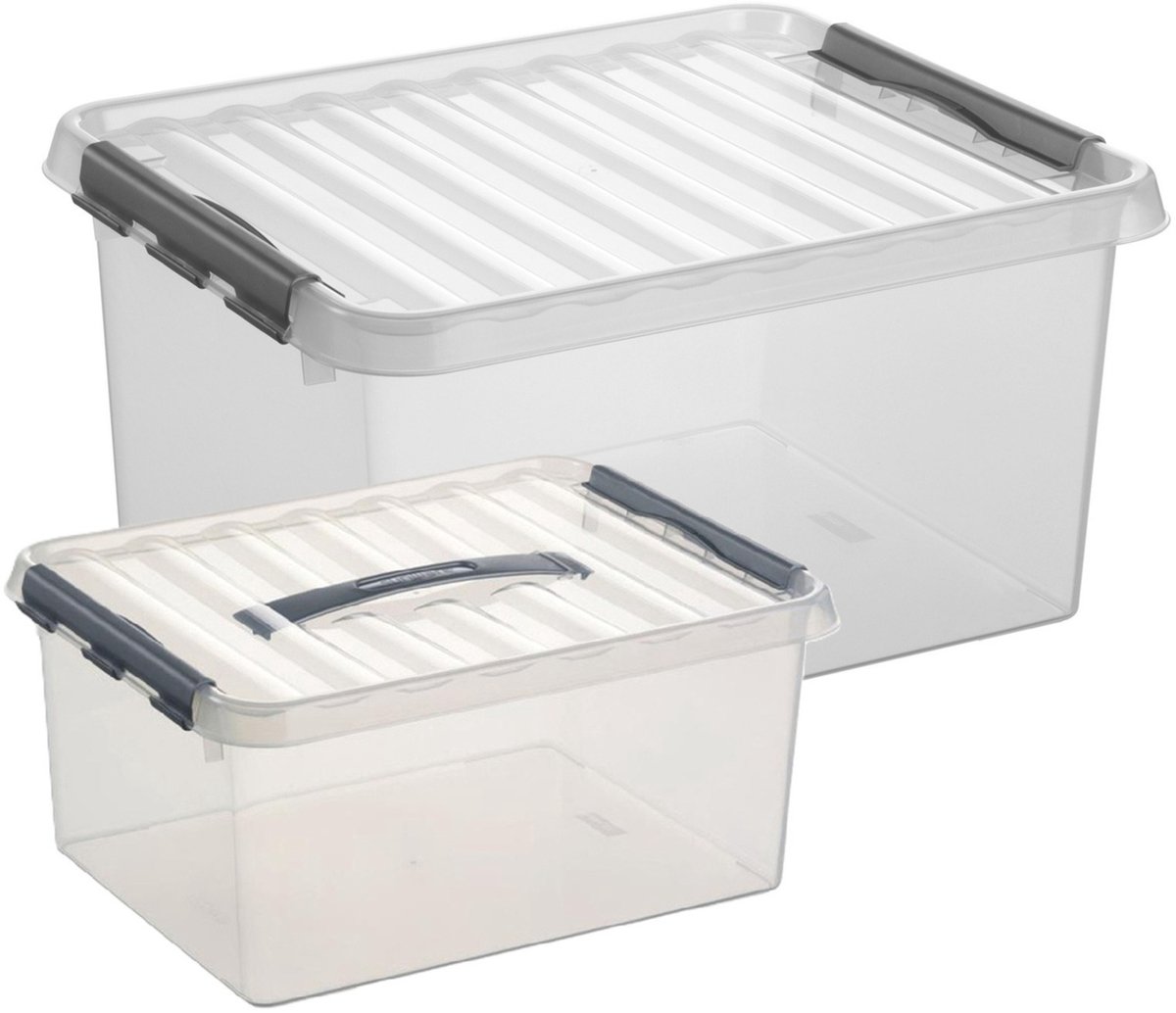 Sunware Q-Line opberg boxen set - 2 maten - 15 en 36 liter - kunststof - transparant/grijs