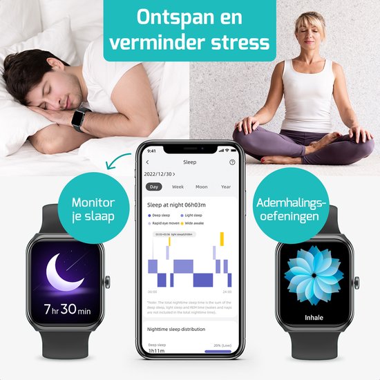 Man slaapt, vrouw mediteert. Smartwatch toont slaapanalyse en ademhalingsoefeningen.
