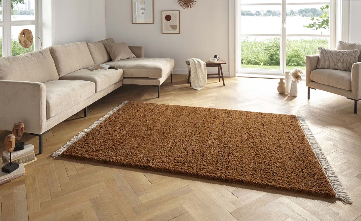 Hoogpolig vloerkleed met franjes Agouhe - okerbruin 80x150 cm