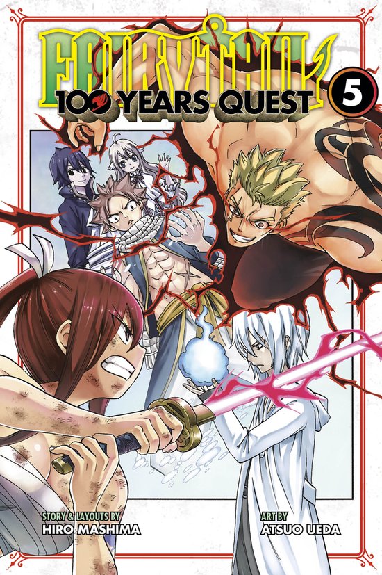 Fairy Tail: 100 Years Quest 5 manga kaft met Natsu, Erza, Gray, Lucy, Juvia, Happy en Gajeel in een gevecht.