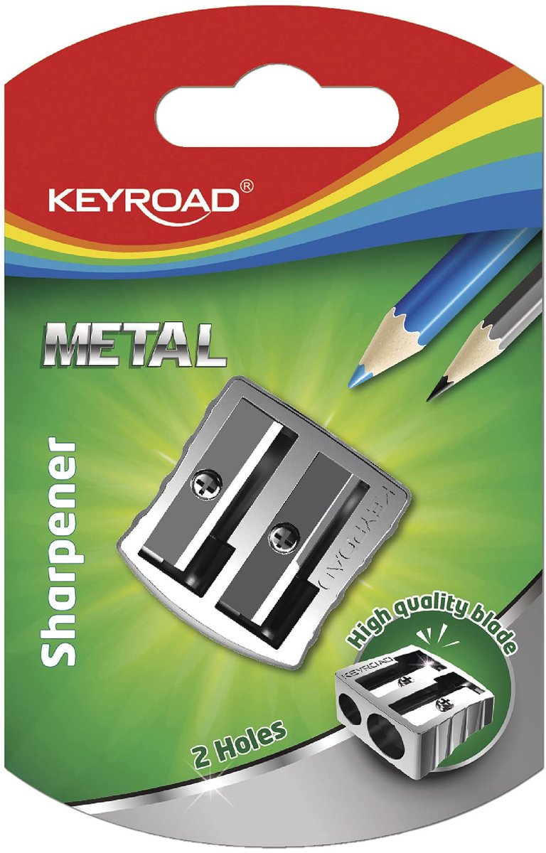 KEYROAD Ergonomische dubbele slijper / 1 stuk / Gemaakt van aluminium / Twee stalen messen / Voor potloden en kleurpotloden / Blisterverpakking / Voor kleuters, peuterspeelzalen en scholen