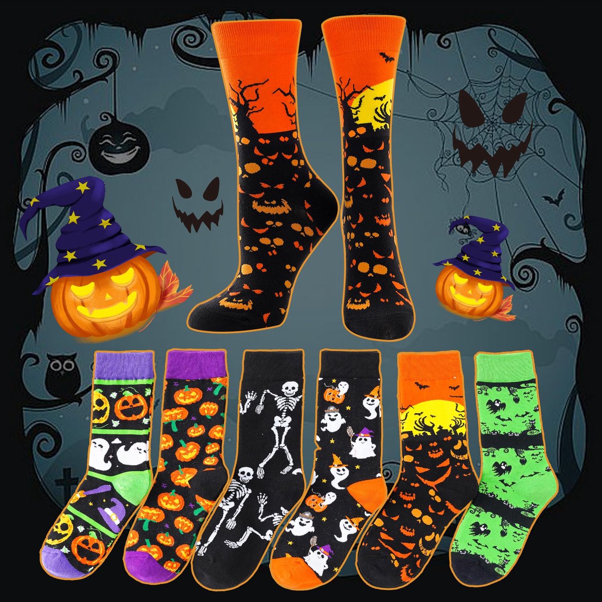 Ibenzoa® Set van 4 Paar Grappige Halloween Sokken voor Dames in Kleurrijke Ontwerpen van Katoen, Maat 36-40