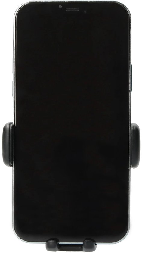 Zwarte telefoonhouder met smartphone, vooraanzicht, met ventilatorklem.