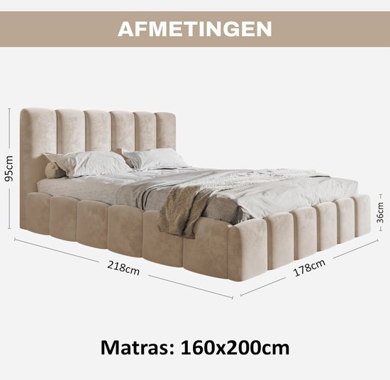 Opbergbed 160 X 200 Cm, Tweepersoonsbed Bekleed Met Fluweel, Decor Met Klinknagels En Knopen Lattenbodem Chesterfield Stijl Beige