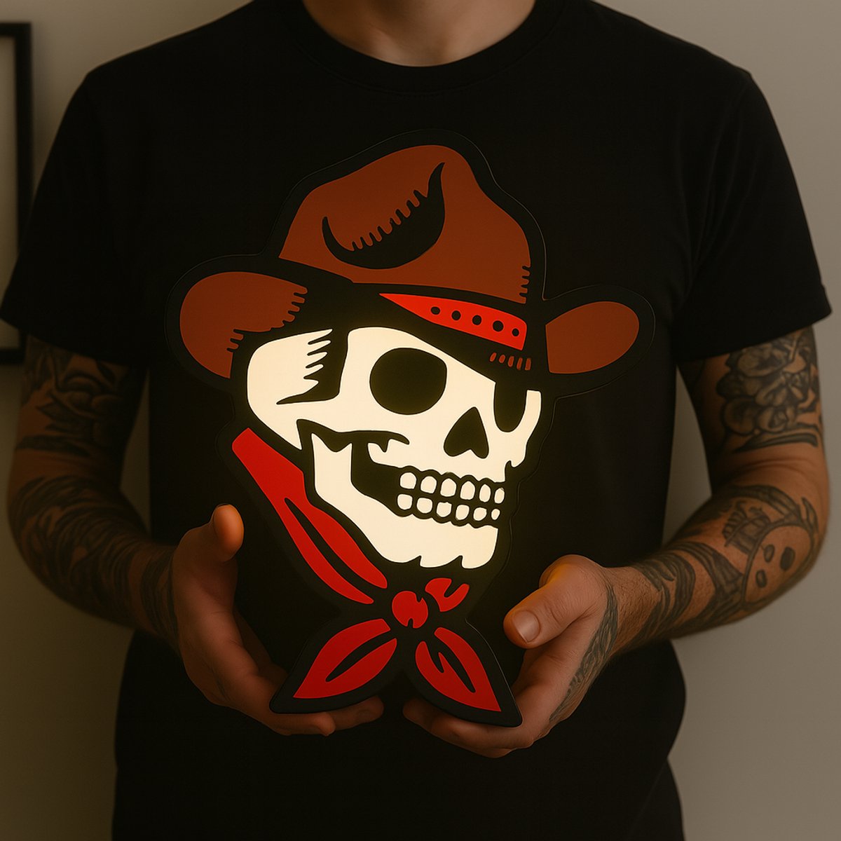 3D Tattoo Lightbox Western Skull – Stoere LED Wandlamp & Decoratie – Uniek Cadeau voor Tat