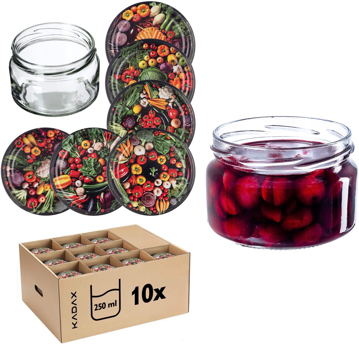 Denia Weckpotten 250ml 10st 82mm + Deksel "Groenten in een Cirkel"