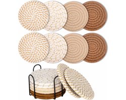 foto van Set van 8 Ronde Onderzetters met Standaard - Onderzettersset - Thermische isolatie - Antislip Gevlochten Katoenen Onderzetters voor Glazen - Onderzettersset - Onderzetters met Houder - Voor dranken, bar, kopjes, tafelonderzetters - D11 cm - Geel