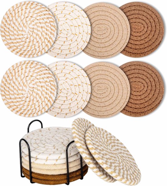 Set de 8 Sous-verres ronds avec support - Isolation thermique - Sous-verres antidérapants en coton tressé pour Verres - Sous-verres de verre avec support - Pour boissons, bar, tasses, dessous de verre de table - Ø 11 cm - Jaune