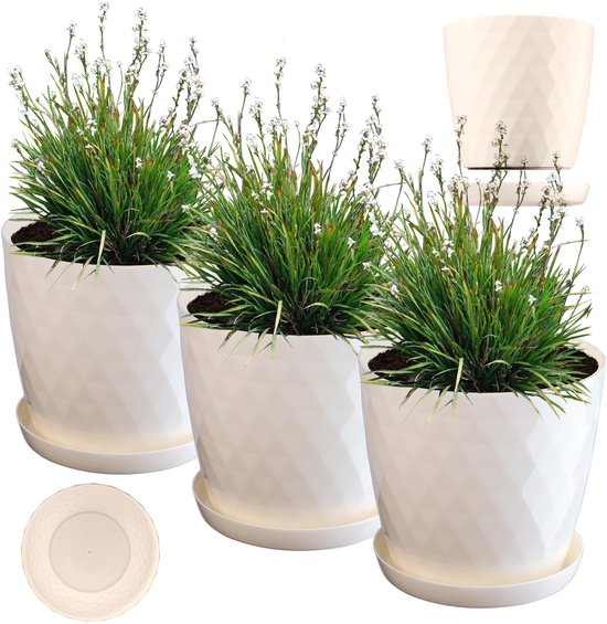 Foto: Kadax bloempot kunststof pannenset met onderzetter plantenpot van licht materiaal decoratieve kruidenpot pot voor bloemen planten cactus en vetplanten set van 3 16 cm ecru