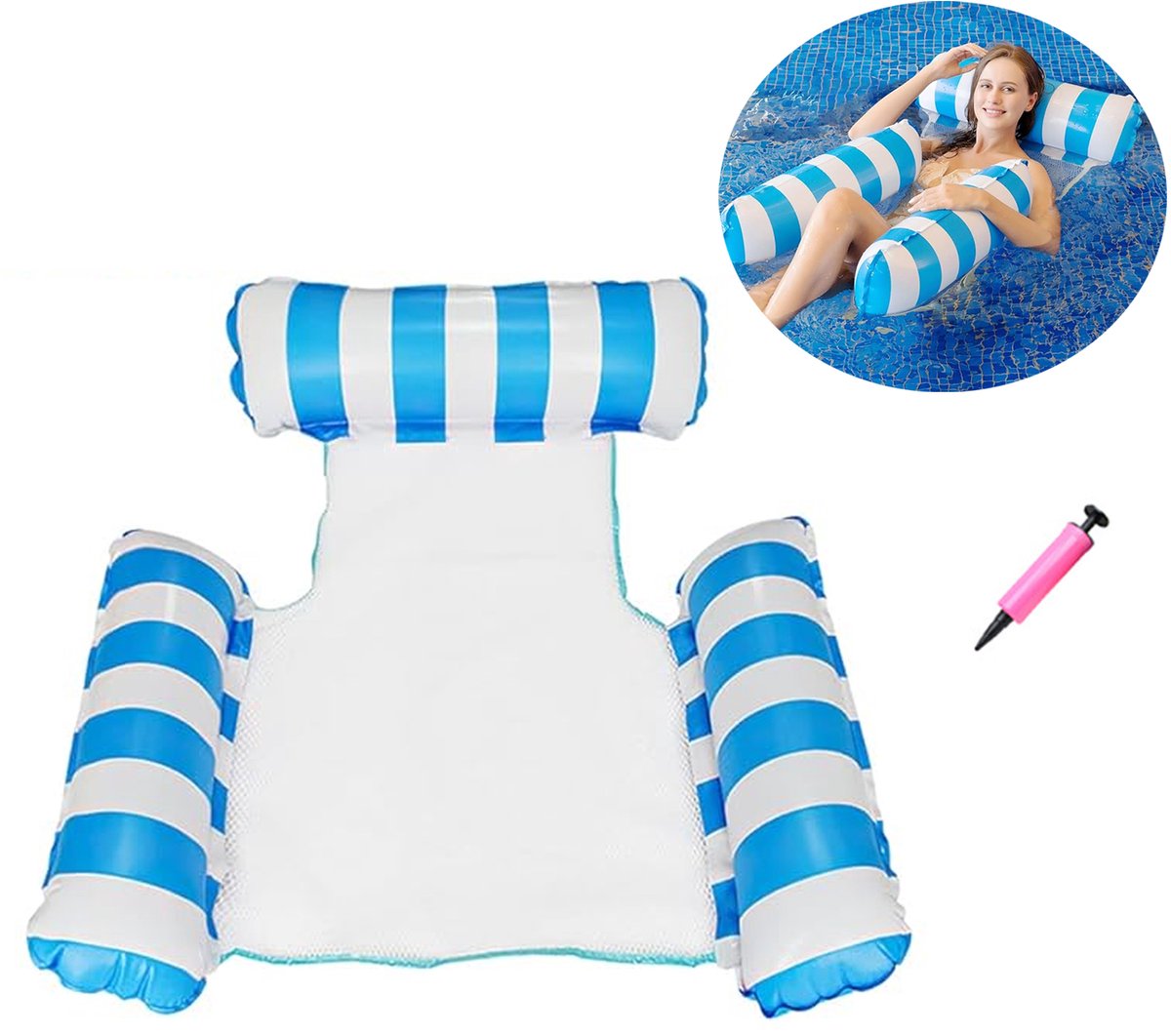Waterhangmat lounger - 124×132 cm - Waterfloat voor volwassenen - Opblaasbare ligstoel met drie banden - Floaties - Zwembadhangmat - Opblaasbare stoel - Opvouwbaar - Zomer - Waterhangmat drijvend bed - Voor Buitenzwembad - Blauw