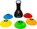 Een zwarte Hyper Dash spelconsole met vijf gekleurde targets: blauw, geel, groen, oranje en rood.